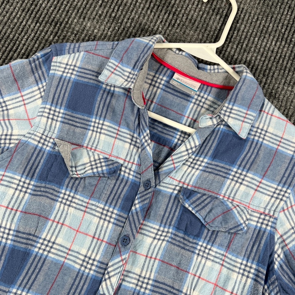 Columbia Button Up Shirt Womens Small Blue Plaid Long Sleeve Flannel Outdoor